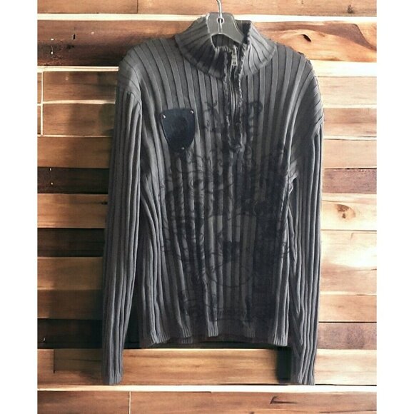 INC Mens Sweater L Skull Patch Tatoo Goth Graphic Turtle Neck 1/4 Zip Ribbed - Picture 3 of 16